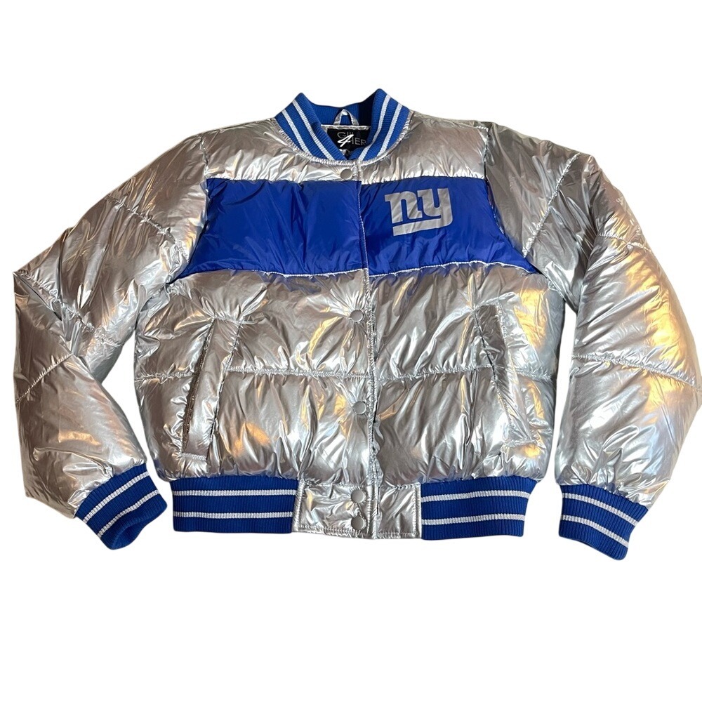 New York Giants Metallic Silver Blue Puffer‎ Bomber Jacket Small